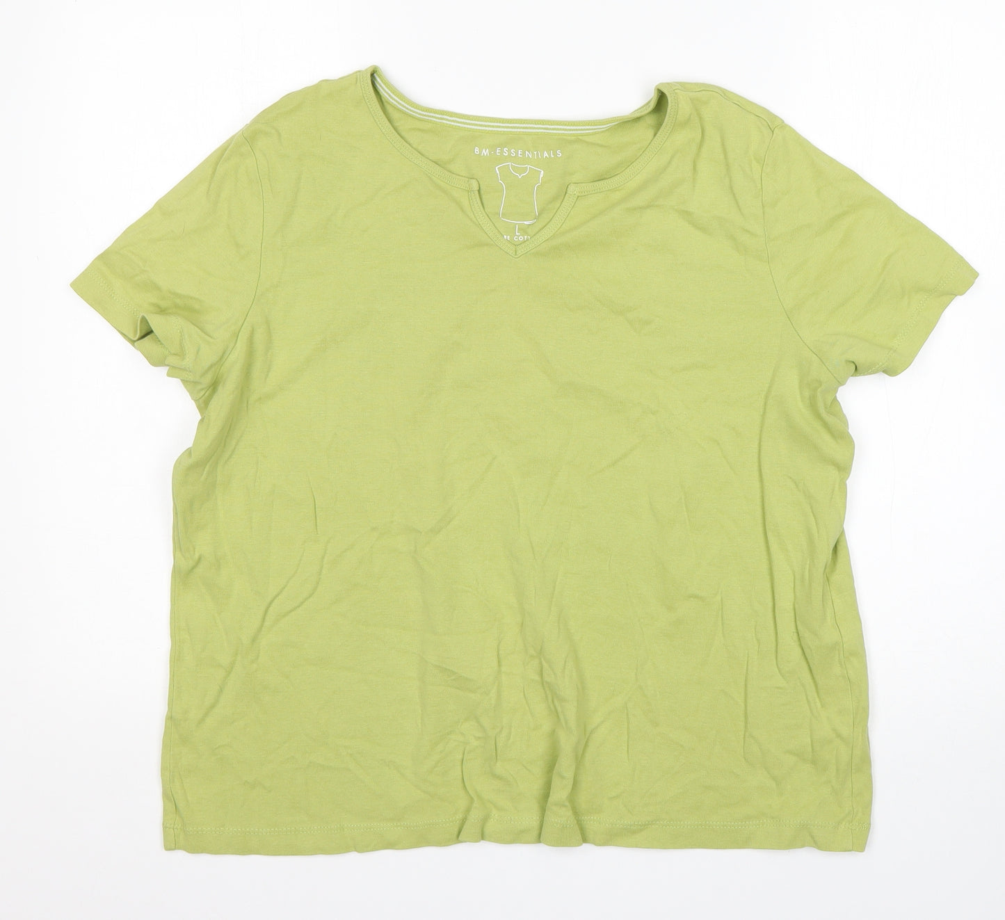 BM Womens Green  Cotton Basic T-Shirt Size L V-Neck