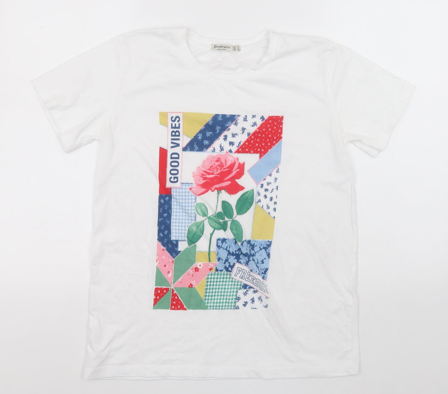 Stradivarius Womens White   Basic T-Shirt Size S Round Neck - Good Vibes