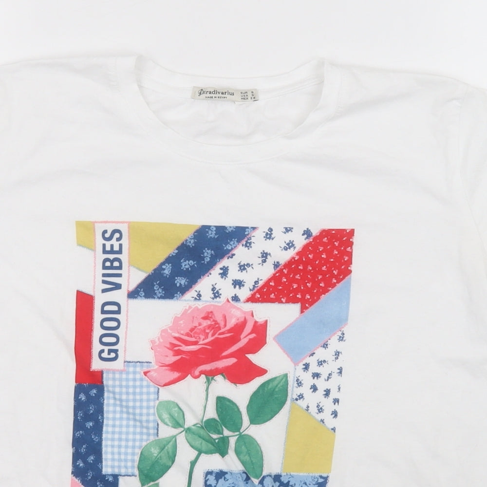 Stradivarius Womens White   Basic T-Shirt Size S Round Neck - Good Vibes