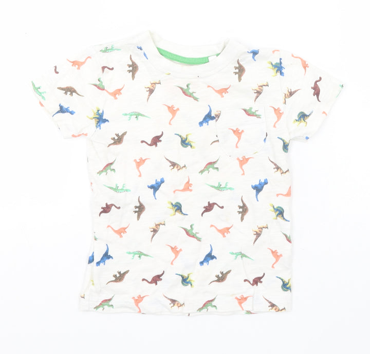 NEXT Girls White Animal Print Cotton Basic T-Shirt Size 9-12 Months Round Neck - Dinosaurs