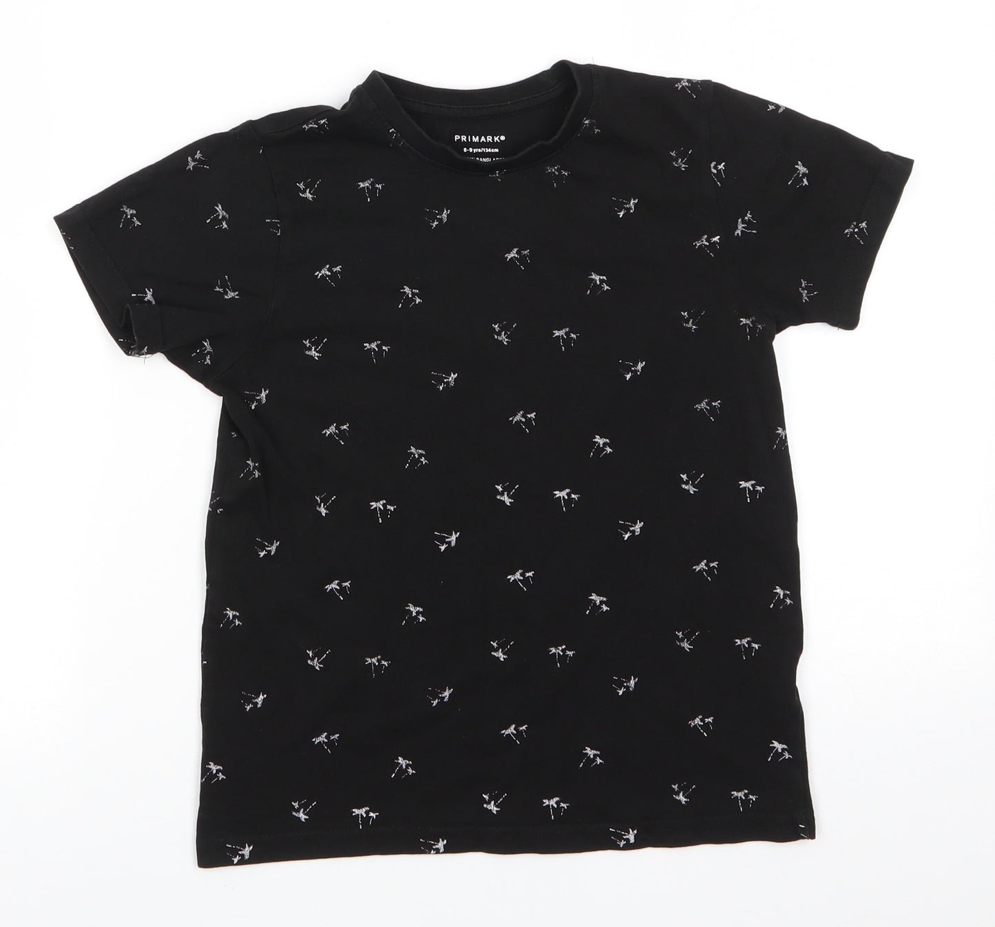 Primark Boys Black Floral Cotton Basic T-Shirt Size 8-9 Years Round Neck Pullover - Grey palm tree print