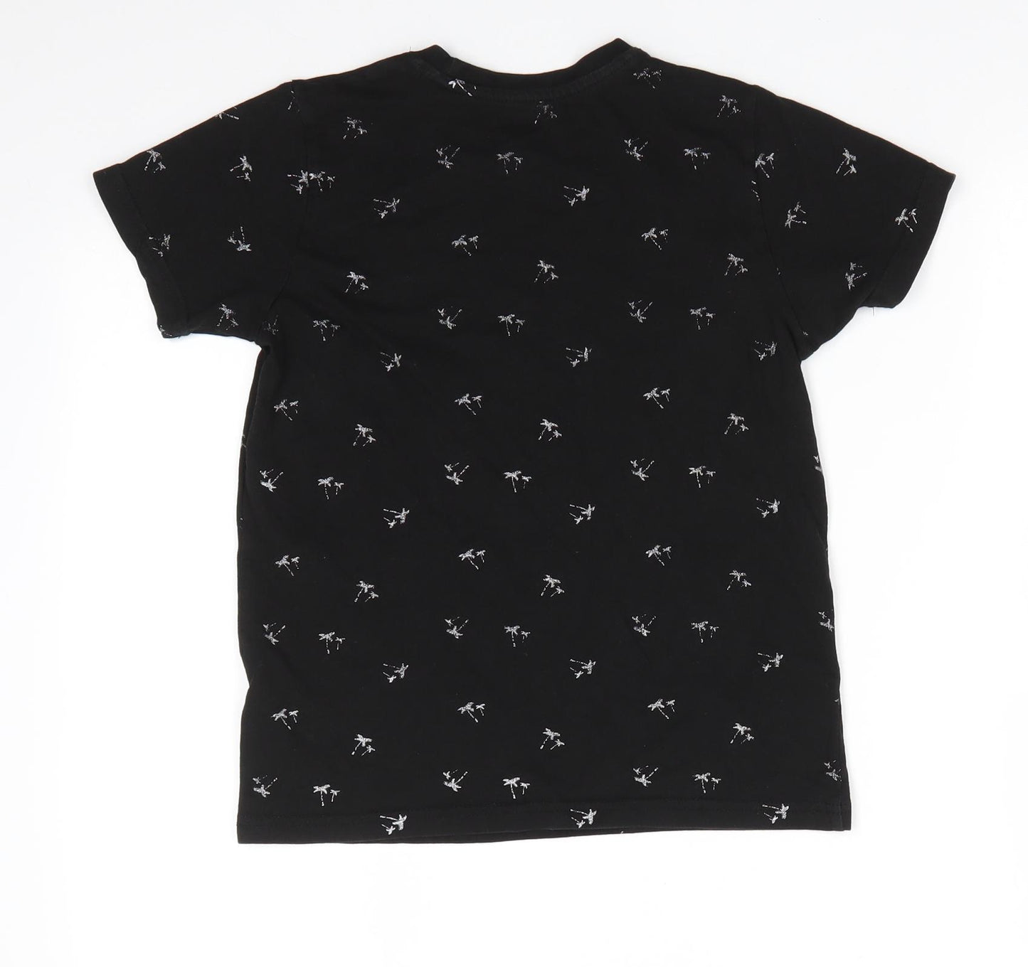 Primark Boys Black Floral Cotton Basic T-Shirt Size 8-9 Years Round Neck Pullover - Grey palm tree print