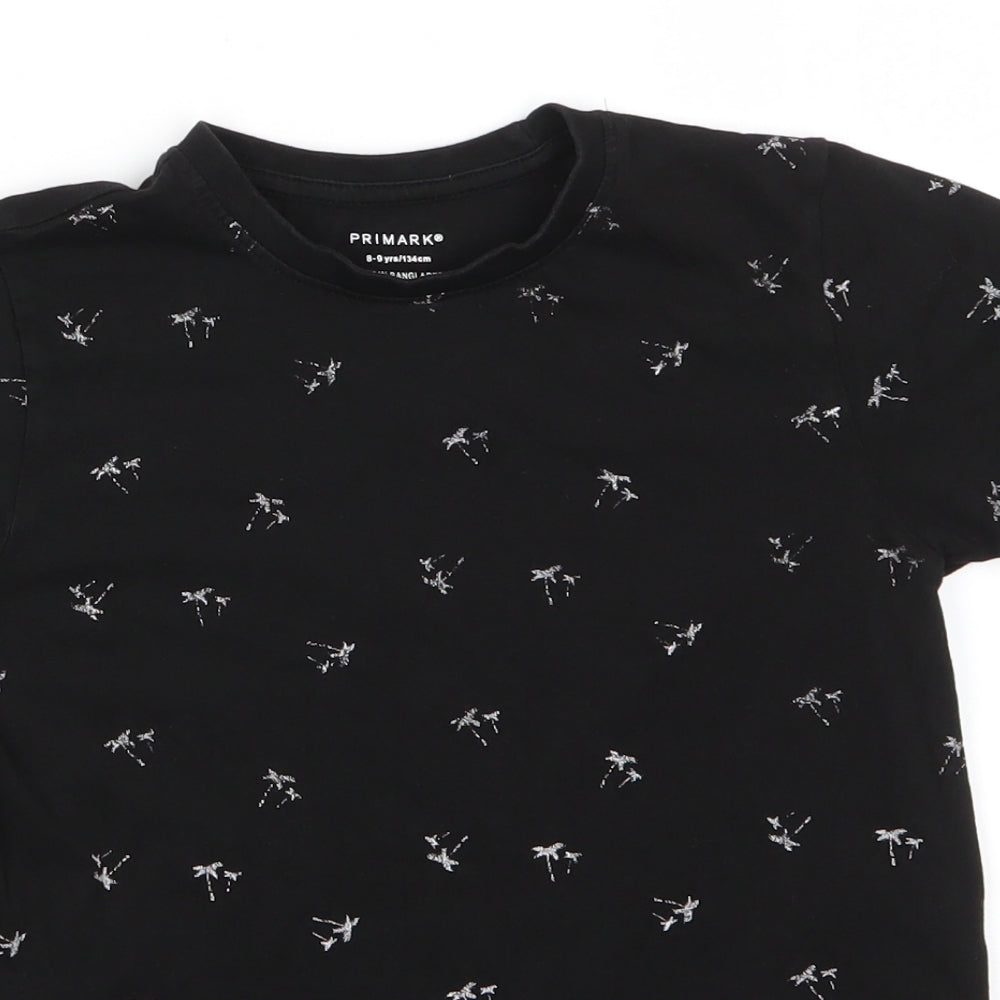 Primark Boys Black Floral Cotton Basic T-Shirt Size 8-9 Years Round Neck Pullover - Grey palm tree print