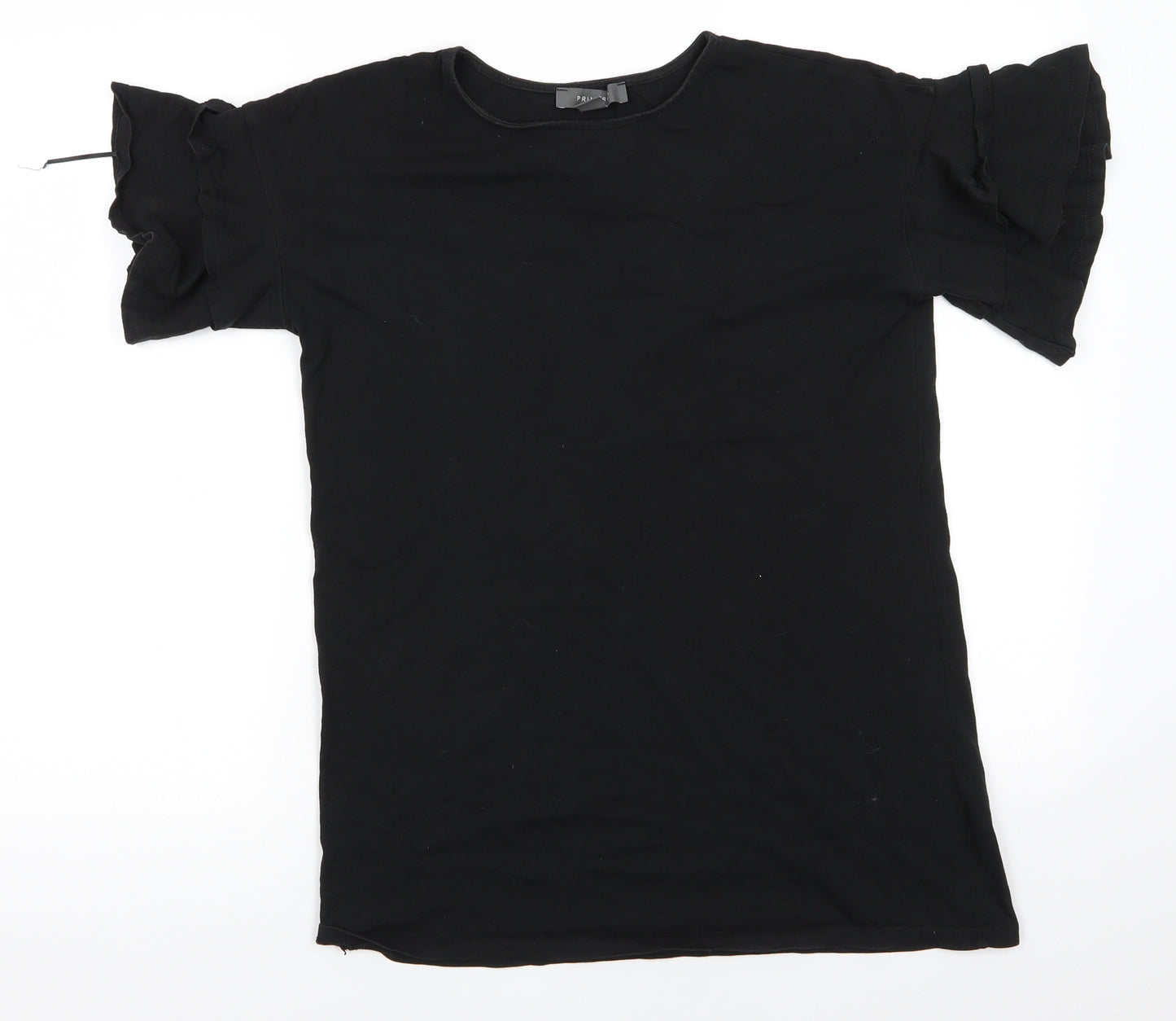 Primark Womens Black  Cotton Basic T-Shirt Size 8 Round Neck - Frilled sleeves