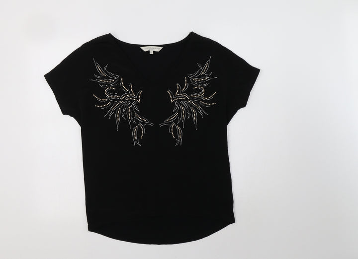F&F Womens Black Geometric Polyester Basic Blouse Size 10 V-Neck