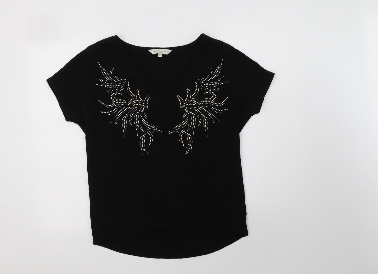 F&F Womens Black Geometric Polyester Basic Blouse Size 10 V-Neck