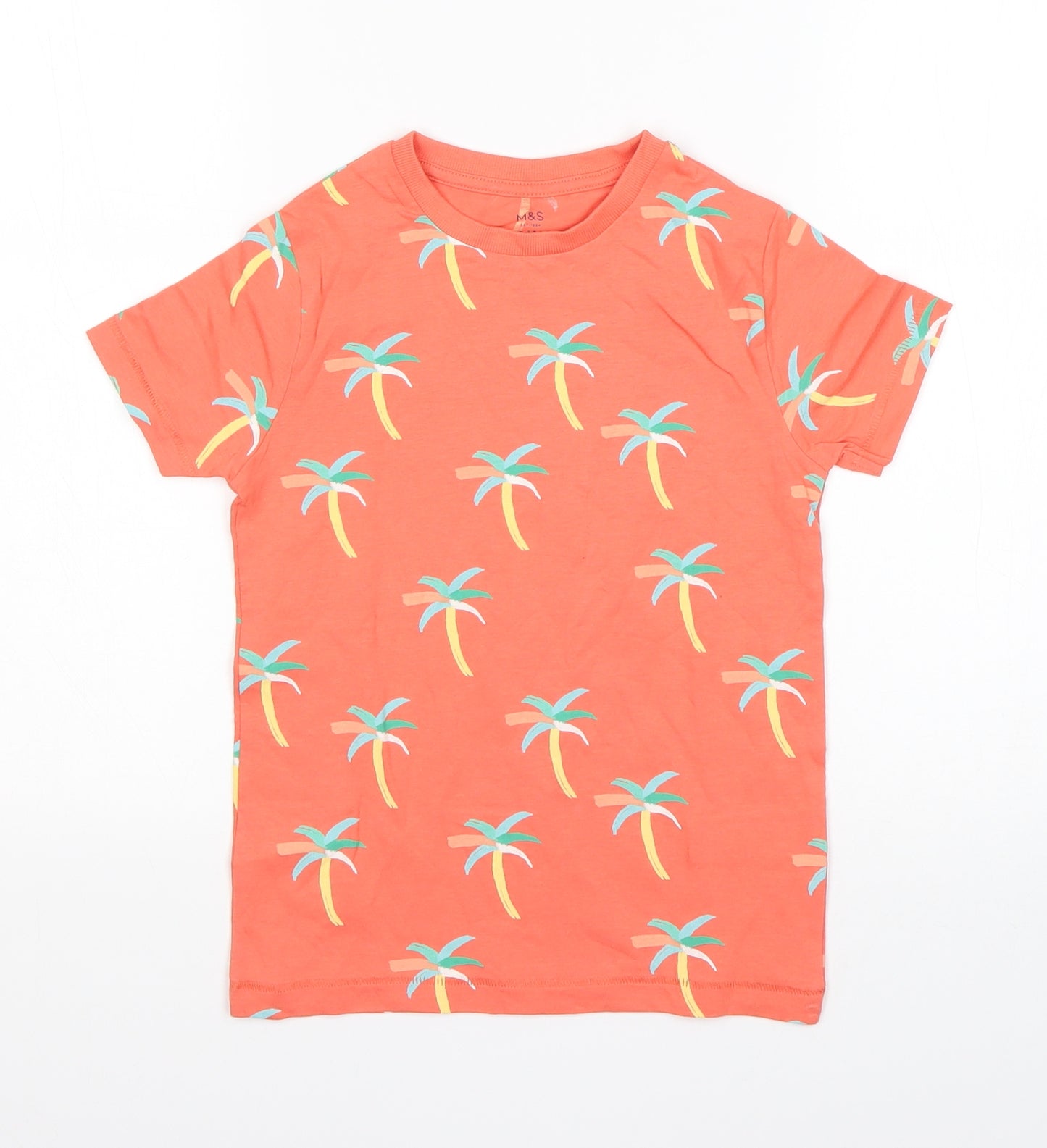 M&S Boys Multicoloured Floral Cotton Basic T-Shirt Size 5-6 Years Round Neck
