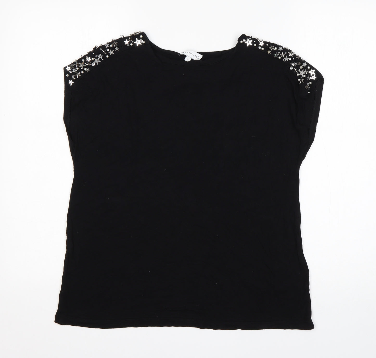 Warehouse Womens Black  Viscose Basic T-Shirt Size 14 Round Neck