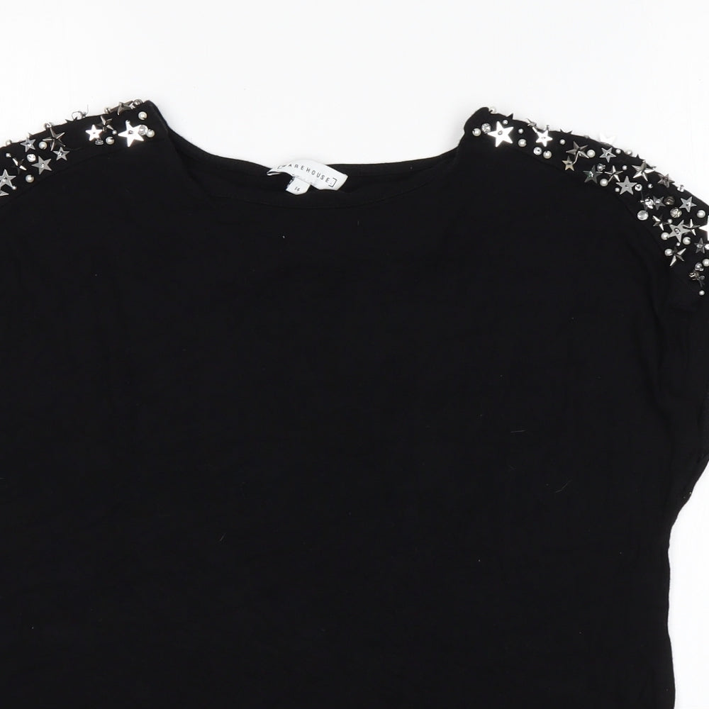 Warehouse Womens Black  Viscose Basic T-Shirt Size 14 Round Neck