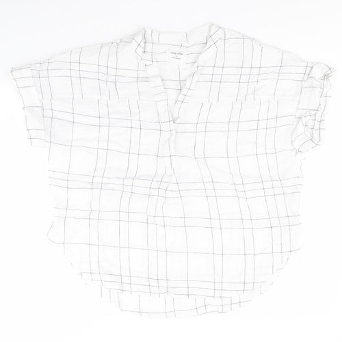 Marks and Spencer Mens White Plaid Flax  T-Shirt Size 14 Round Neck