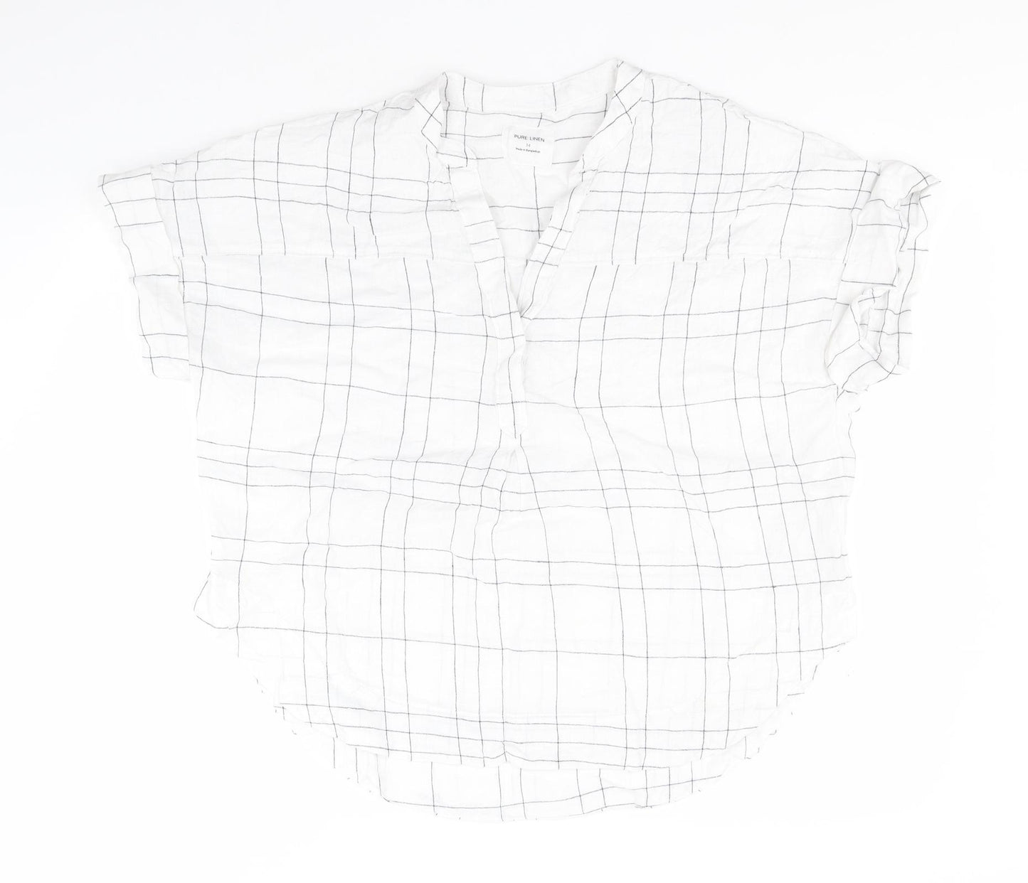 Marks and Spencer Mens White Plaid Flax  T-Shirt Size 14 Round Neck