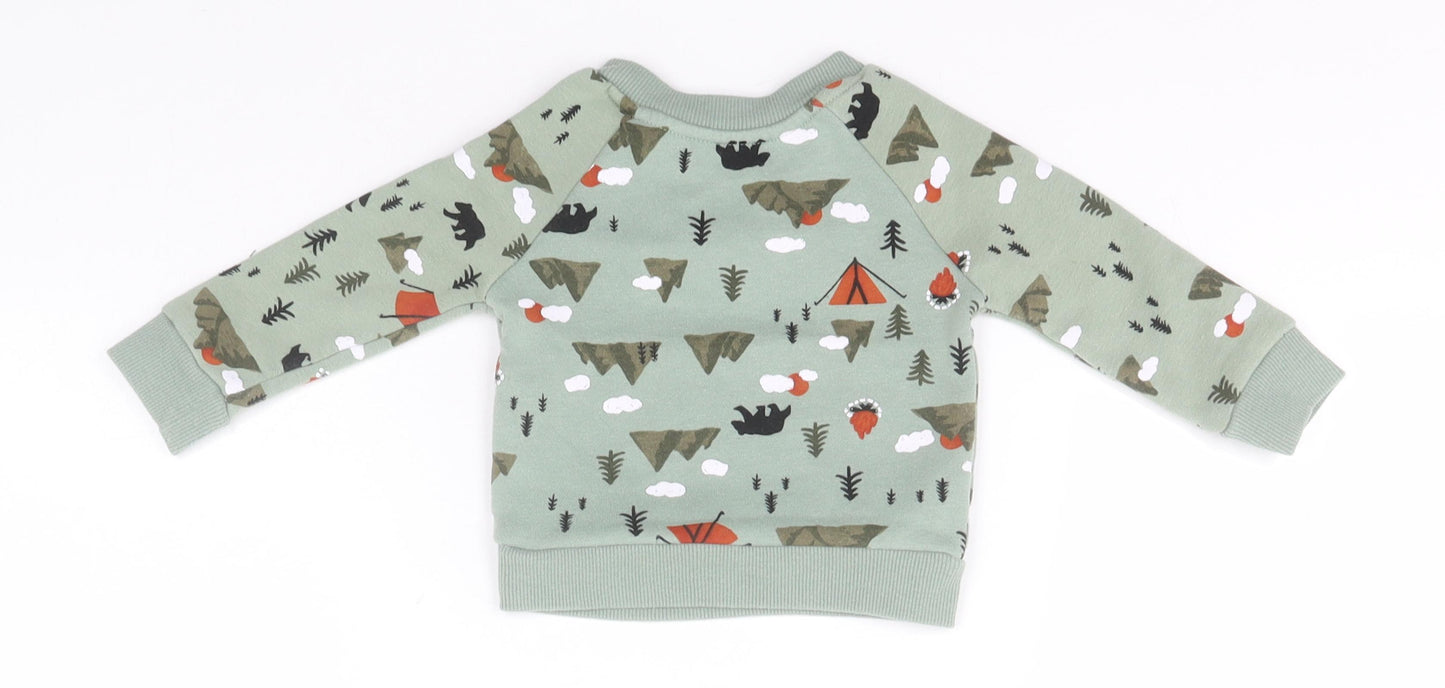 Primark Boys Green Geometric Cotton Pullover Jumper Size 3-6 Months   - Camping