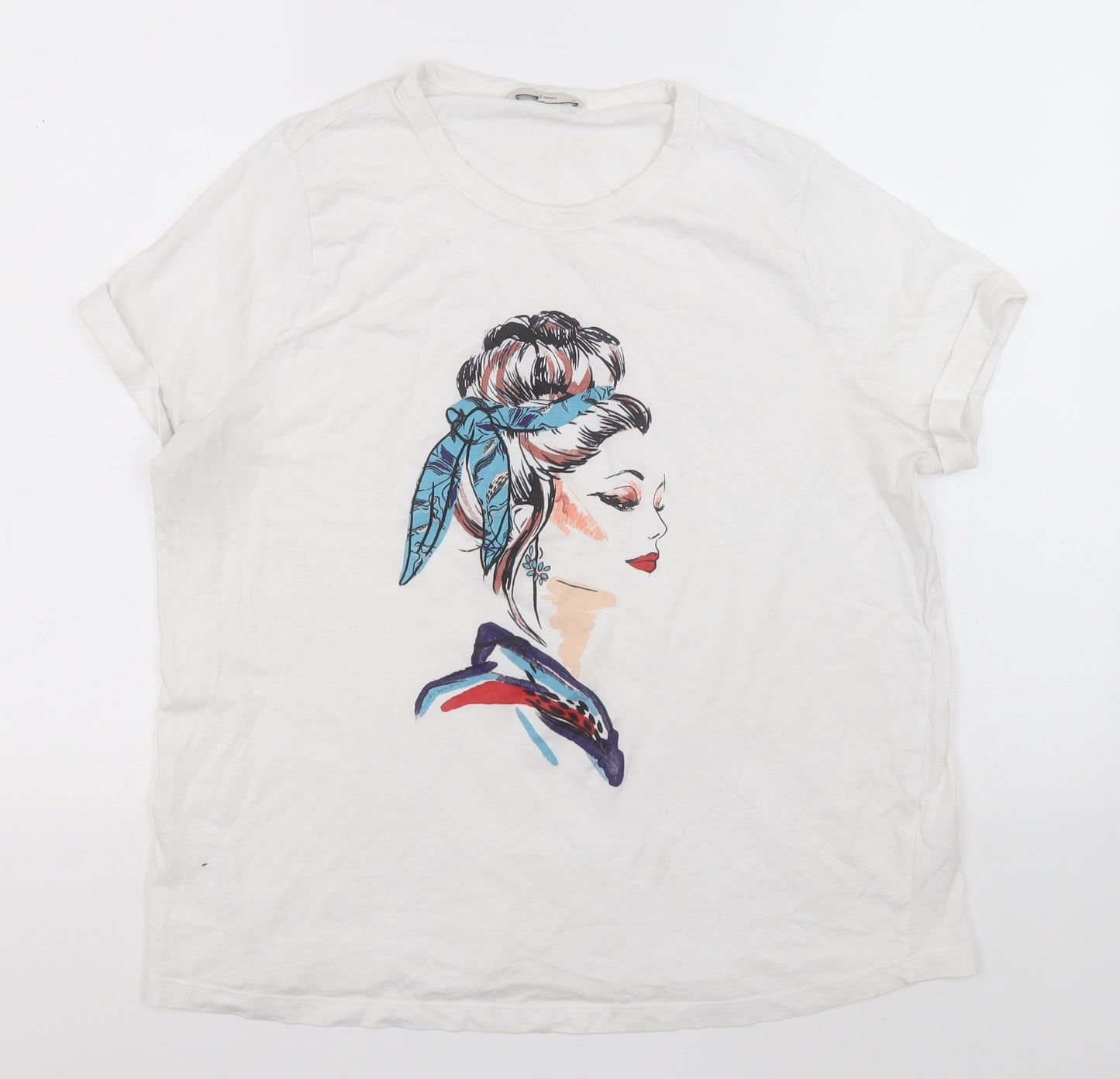 TU Womens White  Cotton Basic T-Shirt Size 18 Round Neck - Japanese Face