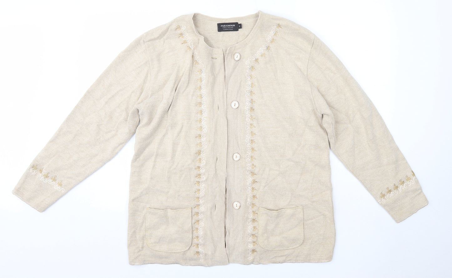 Paramour Womens Beige Round Neck  Acrylic Cardigan Jumper Size L