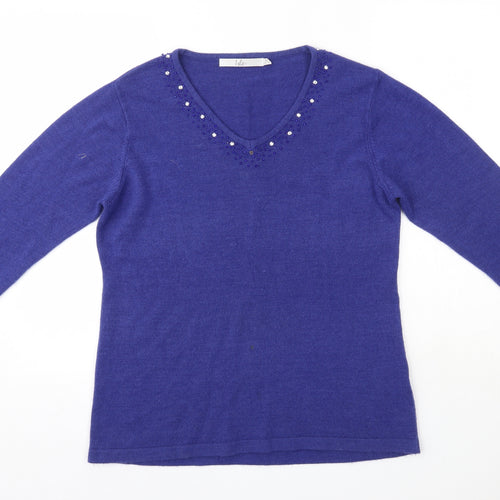 Isle Womens Blue V-Neck  Acrylic Pullover Jumper Size M