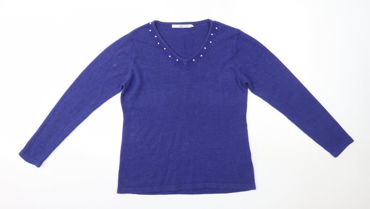 Isle Womens Blue V-Neck Acrylic Pullover Jumper Size M
