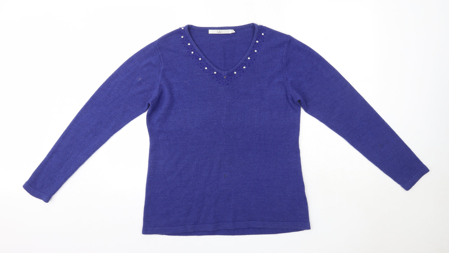 Isle Womens Blue V-Neck  Acrylic Pullover Jumper Size M