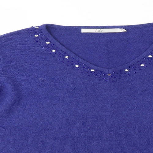 Isle Womens Blue V-Neck  Acrylic Pullover Jumper Size M