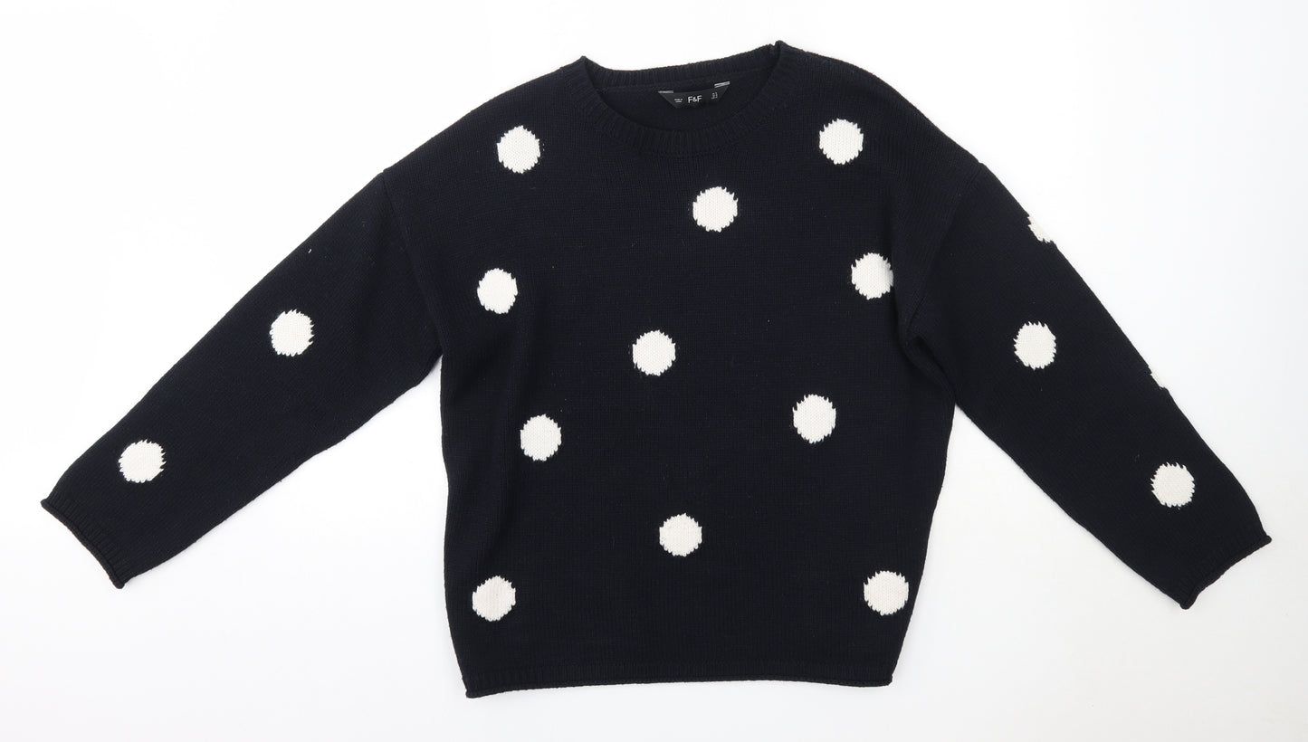 F&F Womens Blue Round Neck Polka Dot Acrylic Pullover Jumper Size 14