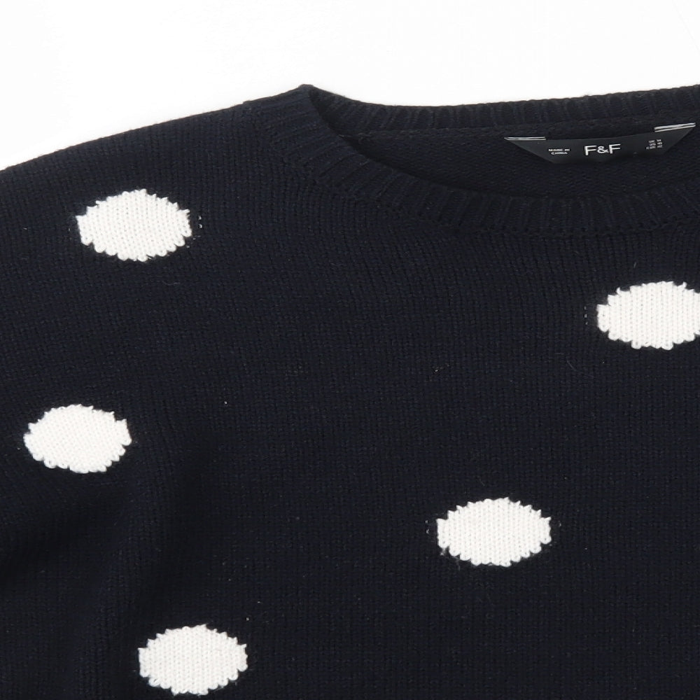 F&F Womens Blue Round Neck Polka Dot Acrylic Pullover Jumper Size 14