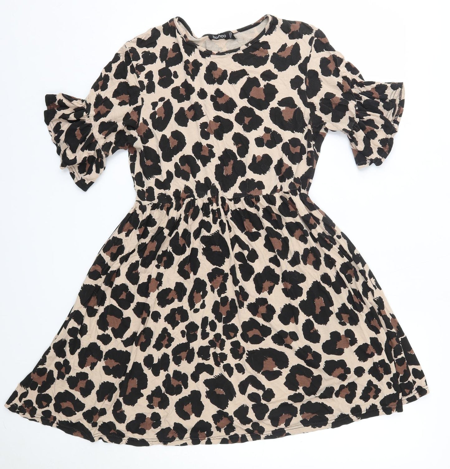 Boohoo Womens Brown Animal Print Viscose A-Line  Size 8  Round Neck