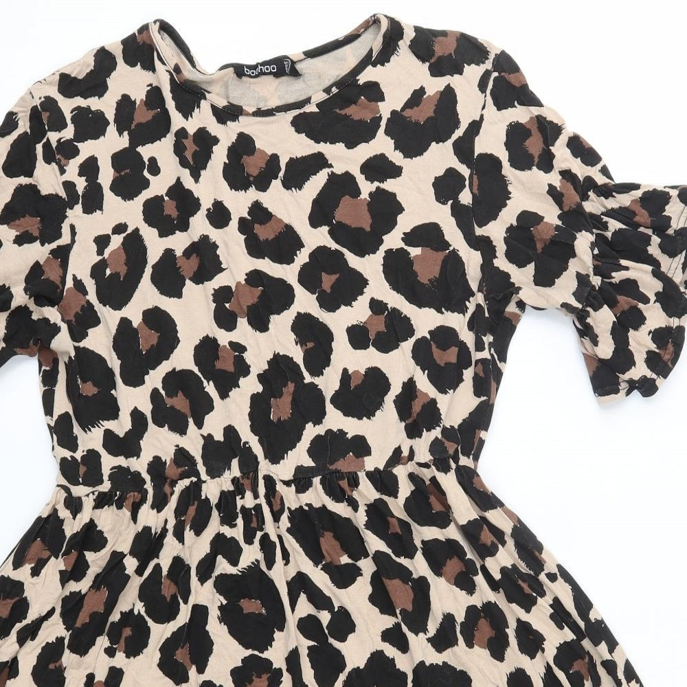 Boohoo Womens Brown Animal Print Viscose A-Line  Size 8  Round Neck
