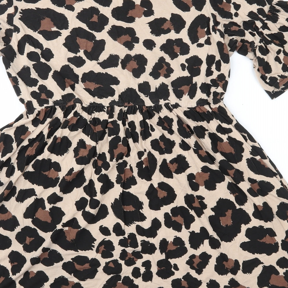 Boohoo Womens Brown Animal Print Viscose A-Line  Size 8  Round Neck