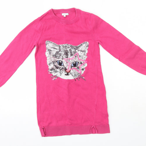 bluezoo Girls Pink  100% Cotton Jumper Dress  Size 8-9 Years  Round Neck  - Cat
