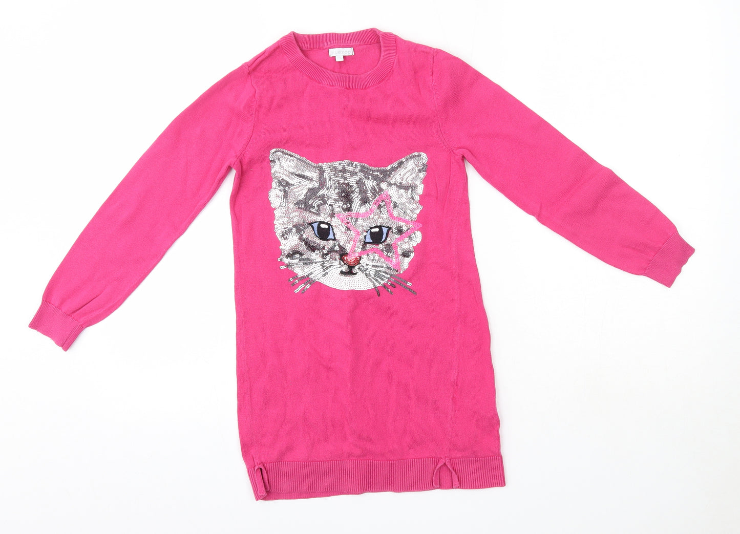 bluezoo Girls Pink  100% Cotton Jumper Dress  Size 8-9 Years  Round Neck  - Cat