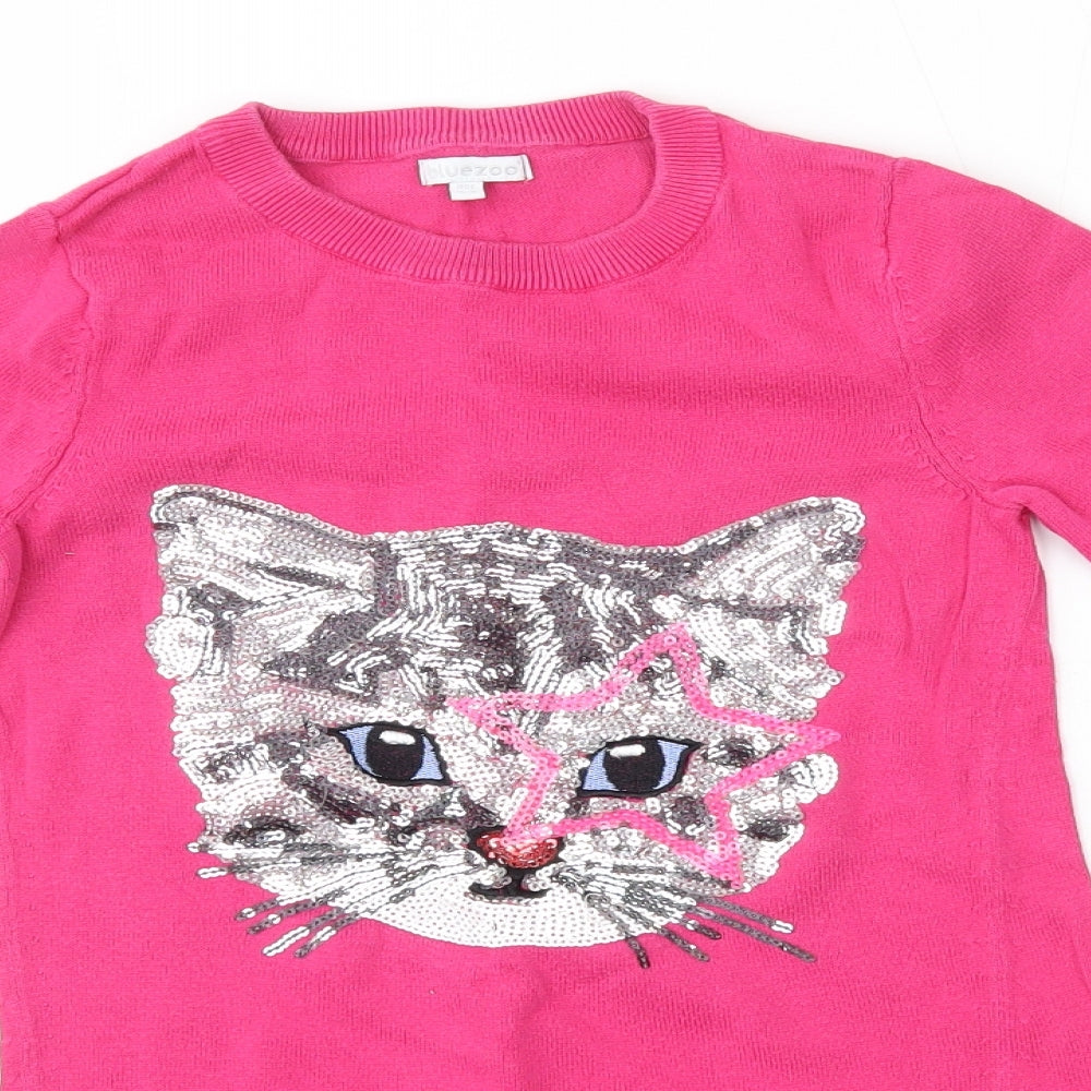 bluezoo Girls Pink  100% Cotton Jumper Dress  Size 8-9 Years  Round Neck  - Cat