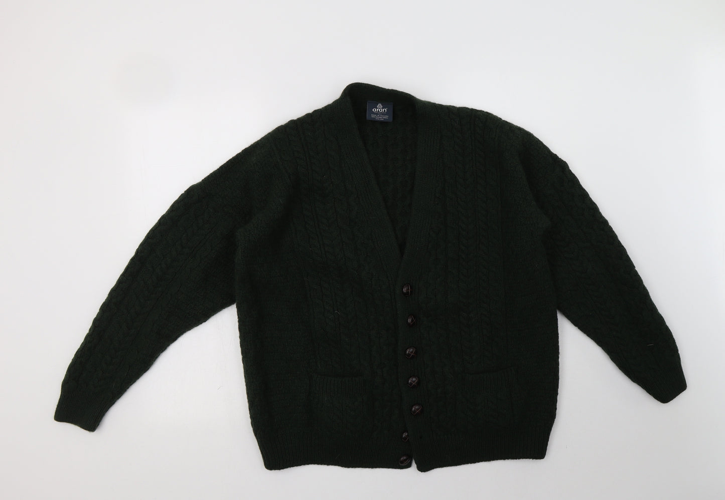 Aran Womens Green V-Neck  Wool Cardigan Jumper Size XL