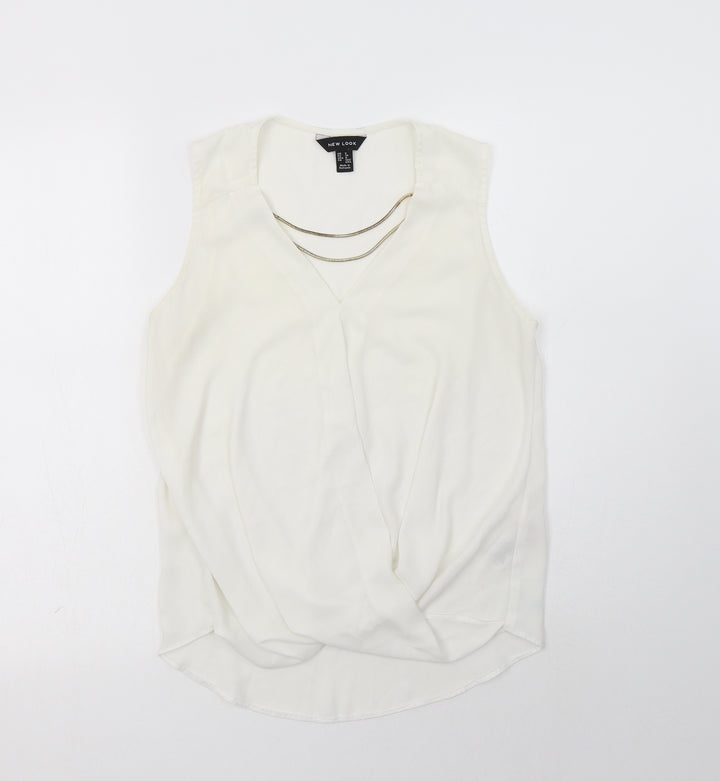 New Look Womens White  Polyester Basic Blouse Size 8 V-Neck - Neckline Detail