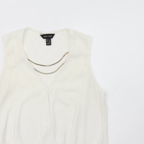 New Look Womens White  Polyester Basic Blouse Size 8 V-Neck - Neckline Detail