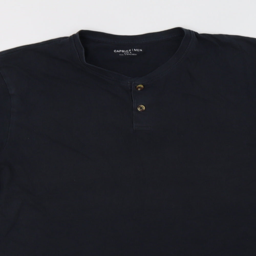 Capsule Mens Black  Cotton  T-Shirt Size L Henley