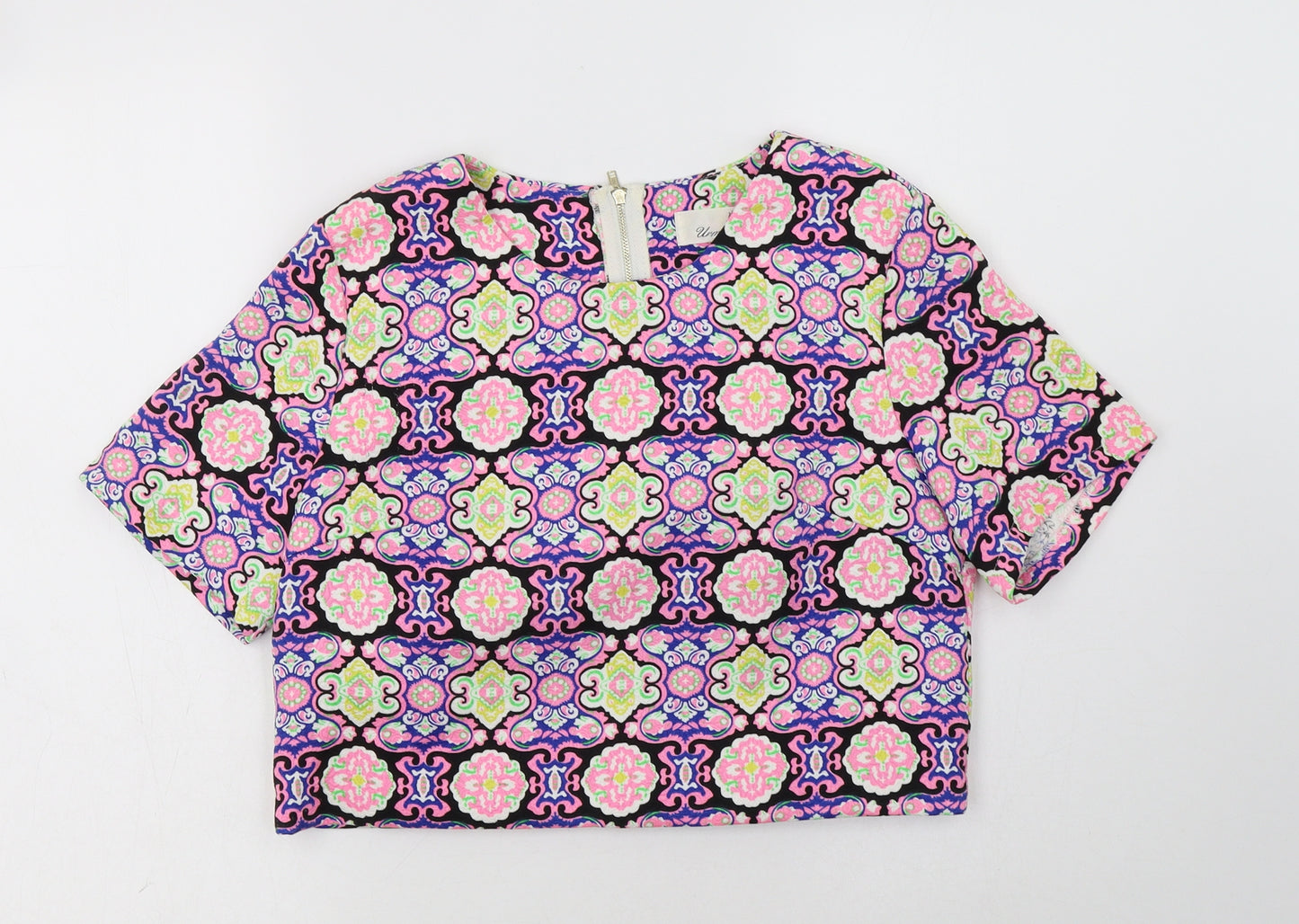 Urmoda Womens Multicoloured Geometric Polyester Cropped Blouse Size 10 Round Neck