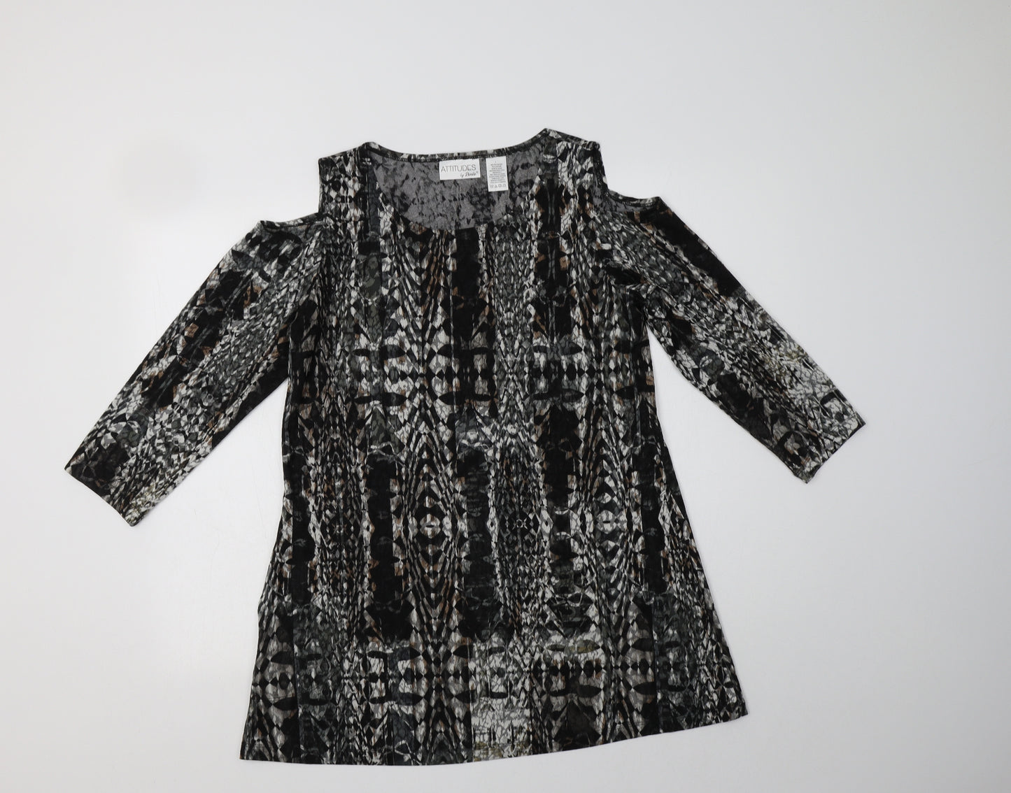 Attitudes by Renee Womens Black Geometric Polyester Tunic Blouse Size L Crew Neck - Cold Shoulder