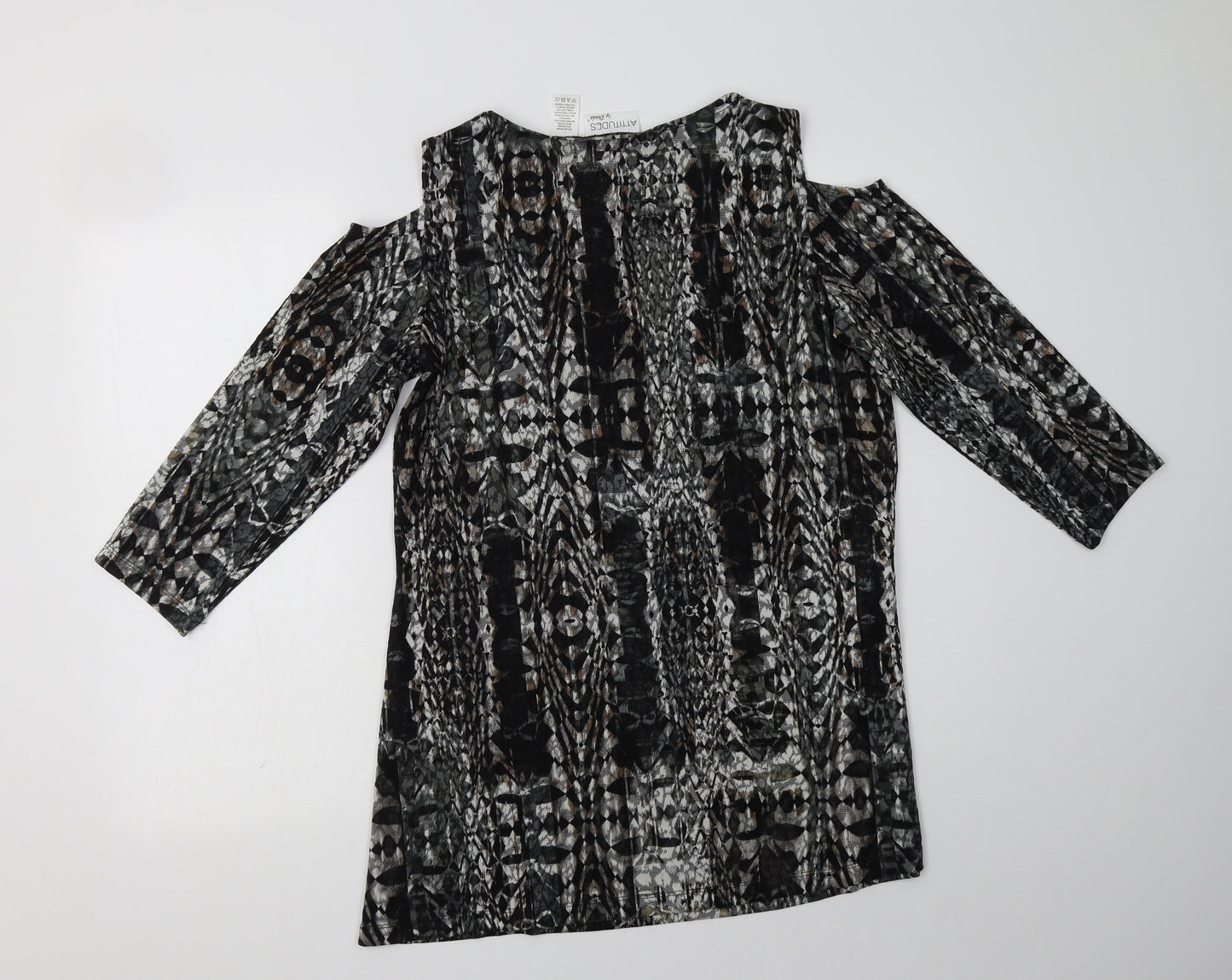 Attitudes by Renee Womens Black Geometric Polyester Tunic Blouse Size L Crew Neck - Cold Shoulder