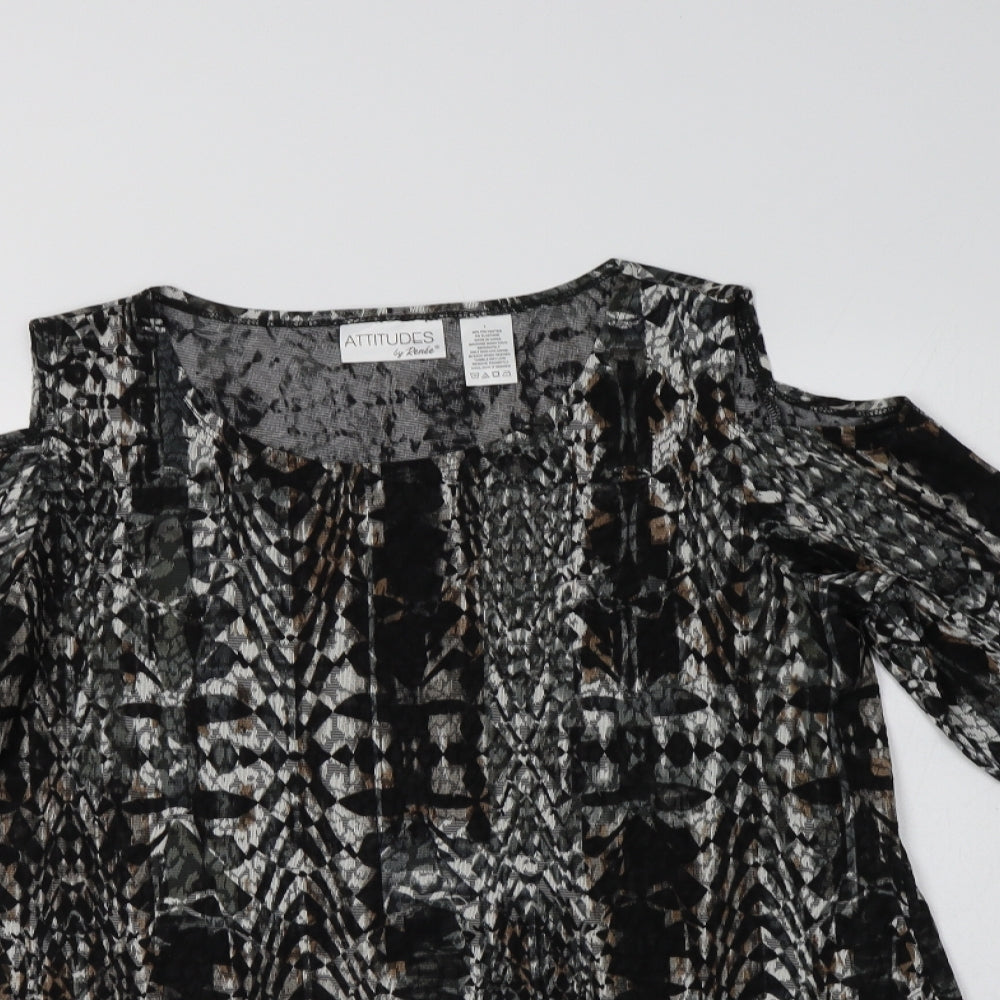Attitudes by Renee Womens Black Geometric Polyester Tunic Blouse Size L Crew Neck - Cold Shoulder