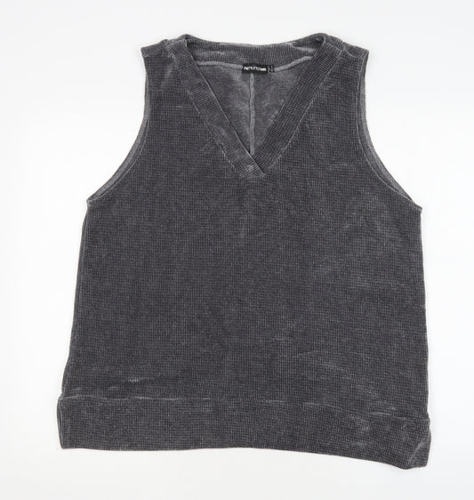 Front view of PRETTYLITTLETHING women’s grey v-neck polyester vest jumper, size UK 8