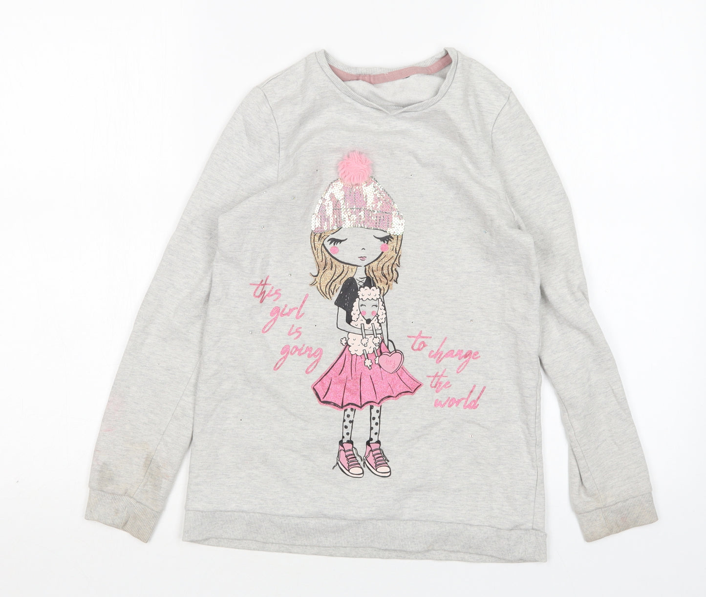 George Girls Grey Round Neck  Cotton Pullover Jumper Size 10-11 Years