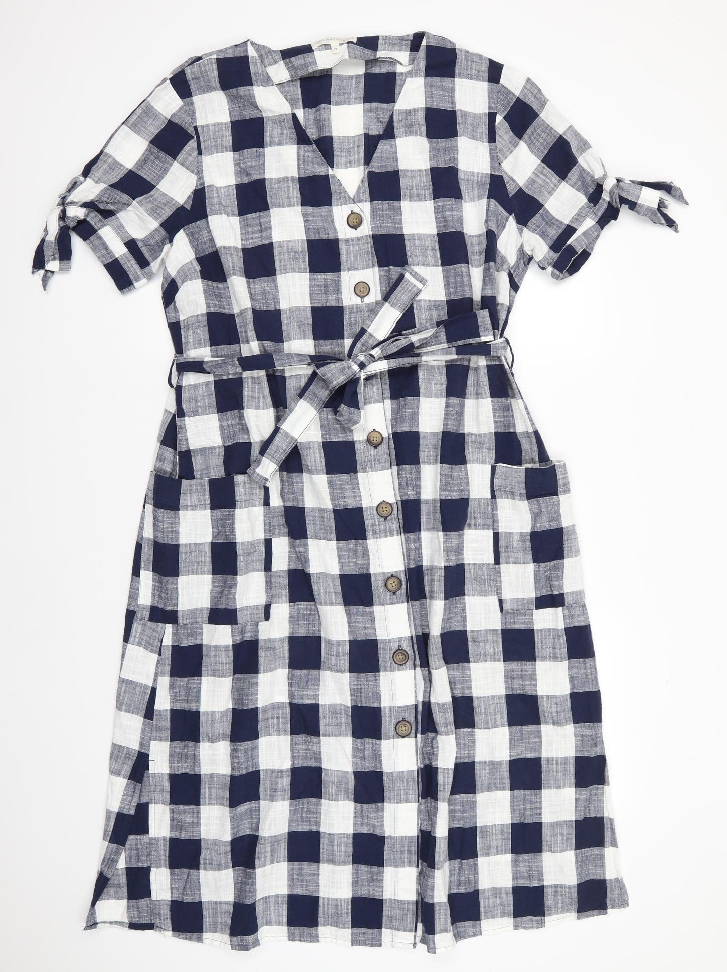 Next Beachwear Womens Blue Check Cotton Shirt Dress  Size 18  V-Neck Button - Blue White Check Short Side Hem Vents Sleeve ties