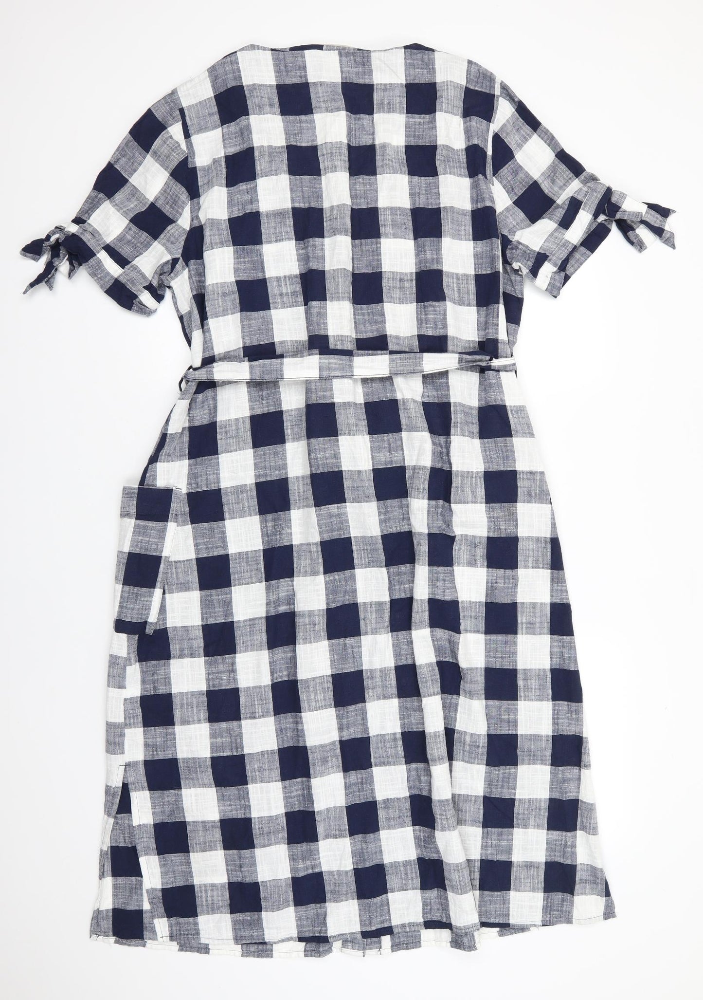 Next Beachwear Womens Blue Check Cotton Shirt Dress  Size 18  V-Neck Button - Blue White Check Short Side Hem Vents Sleeve ties