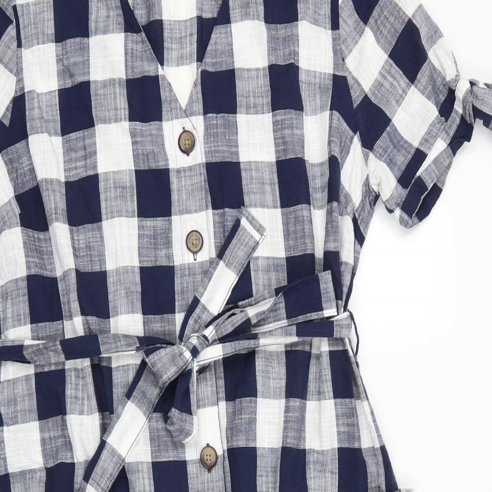 Next Beachwear Womens Blue Check Cotton Shirt Dress  Size 18  V-Neck Button - Blue White Check Short Side Hem Vents Sleeve ties