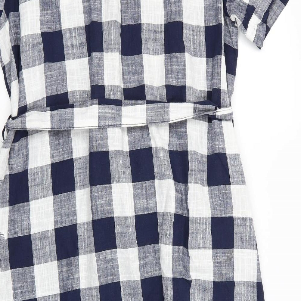 Next Beachwear Womens Blue Check Cotton Shirt Dress  Size 18  V-Neck Button - Blue White Check Short Side Hem Vents Sleeve ties