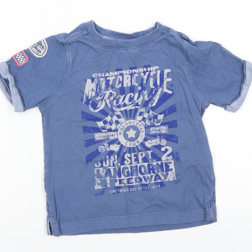 Mothercare Boys Blue  Cotton Basic T-Shirt Size 2-3 Years Round Neck Pullover - Motorcycle Racing Stripe trim to arms