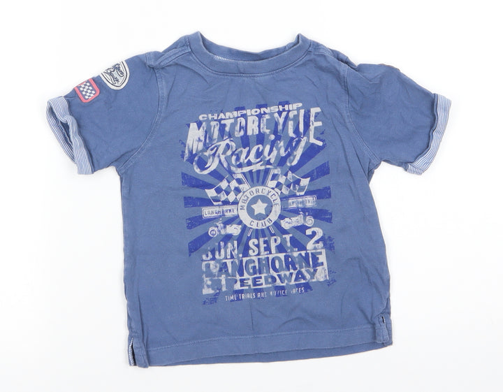 Mothercare Boys Blue Cotton Basic T-Shirt Size 2-3 Years Round Neck Pullover - Motorcycle Racing Stripe trim to arms