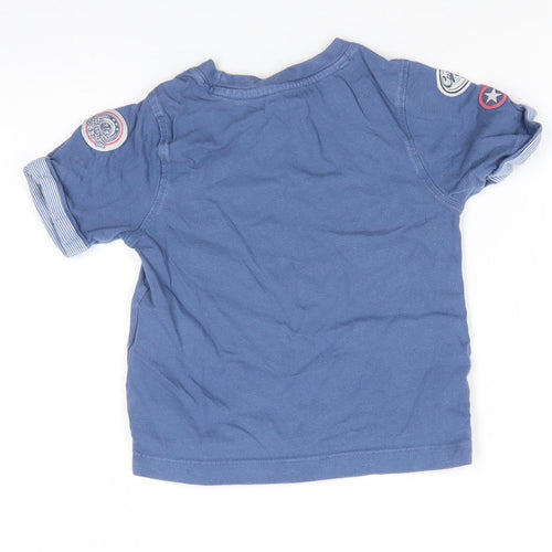 Mothercare Boys Blue  Cotton Basic T-Shirt Size 2-3 Years Round Neck Pullover - Motorcycle Racing Stripe trim to arms