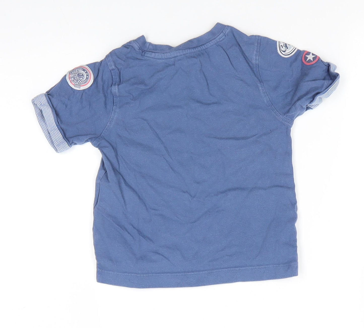 Mothercare Boys Blue  Cotton Basic T-Shirt Size 2-3 Years Round Neck Pullover - Motorcycle Racing Stripe trim to arms