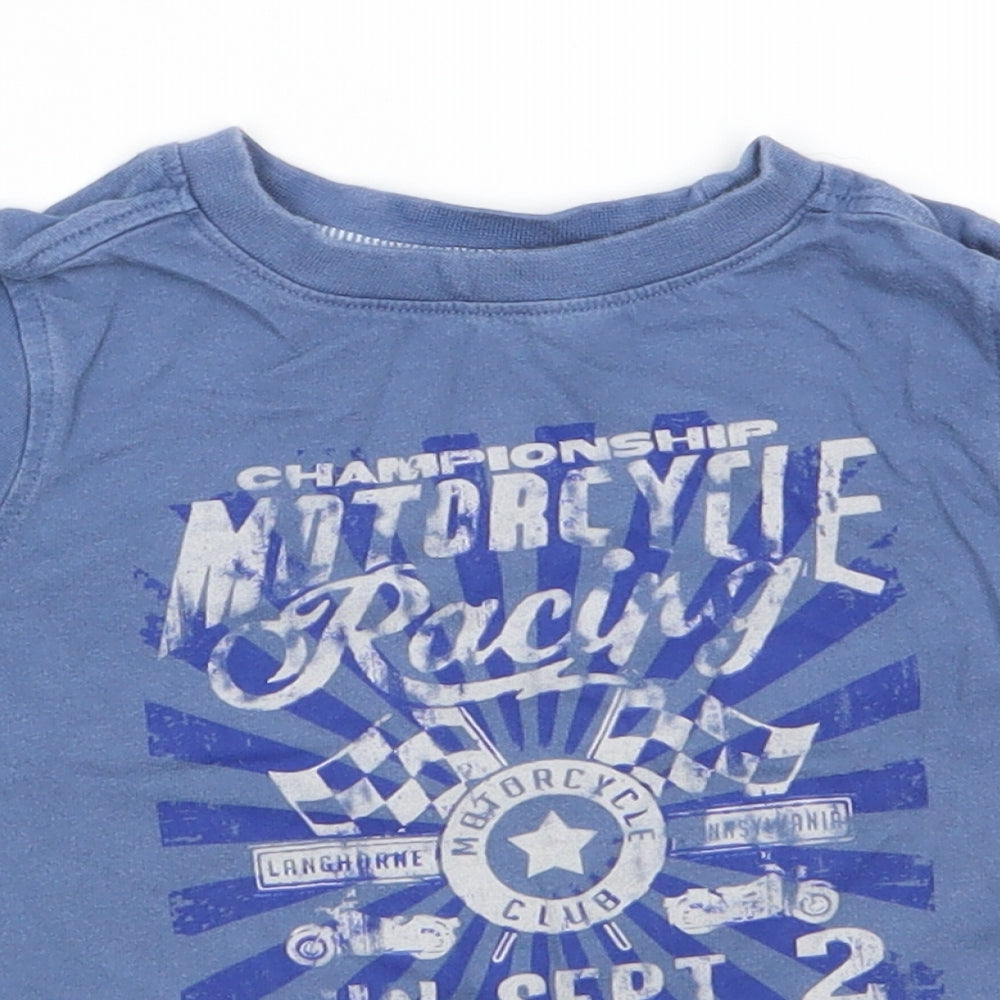 Mothercare Boys Blue  Cotton Basic T-Shirt Size 2-3 Years Round Neck Pullover - Motorcycle Racing Stripe trim to arms