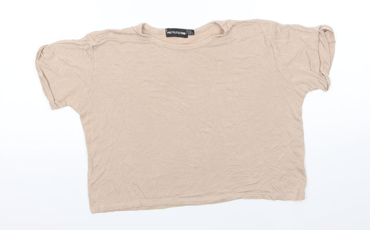 PRETTYLITTLETHING Womens Beige  Viscose Basic T-Shirt Size 6 Round Neck - Mocha colour Turn ups on sleeve